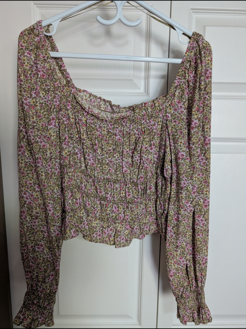 H&M Pink and Green Floral Smocked Blouse